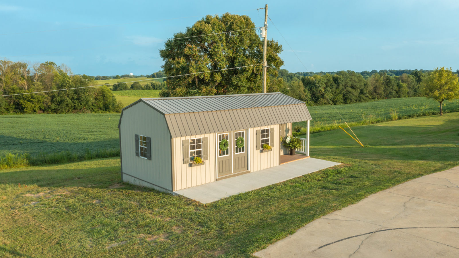 exterior aerial view of rent to own cabin for sale
