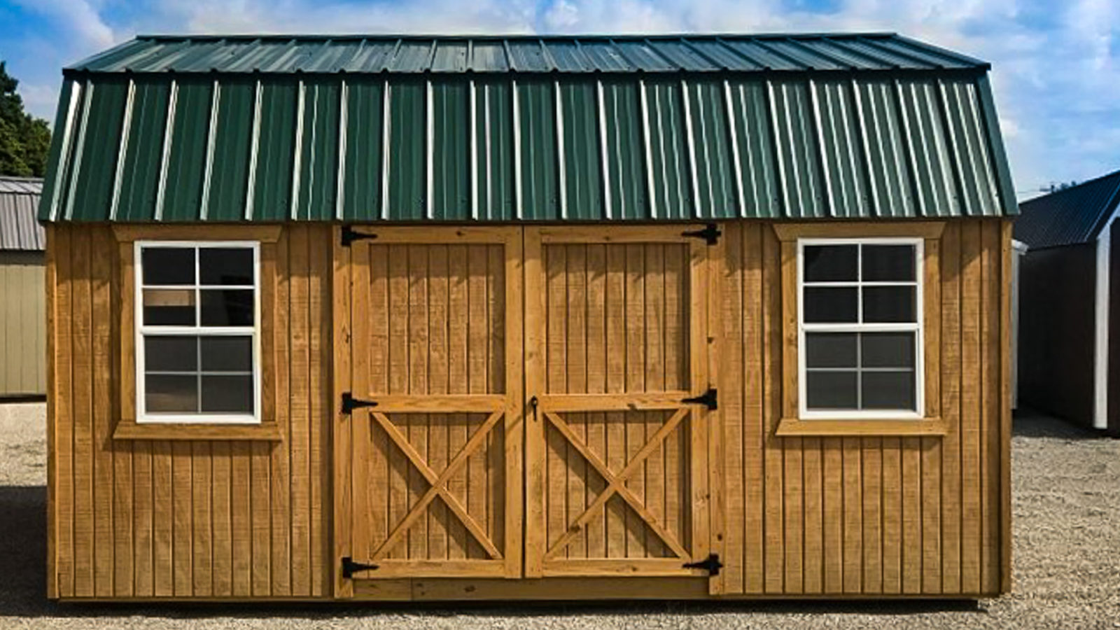exterior of brown and green 12x16 storage shed for sale