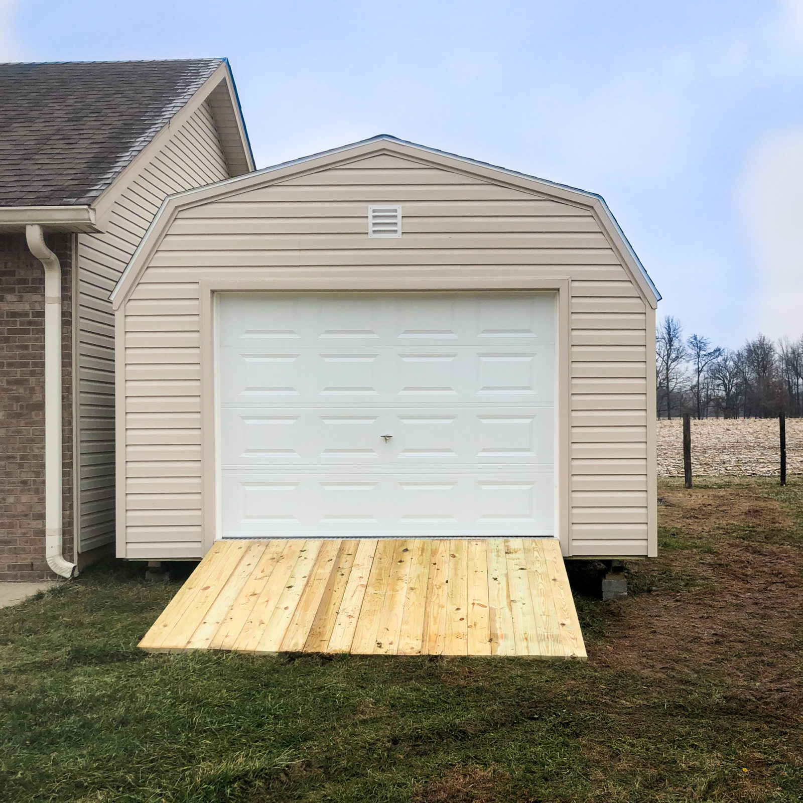 exterior of minibarn single-car garage size for sale