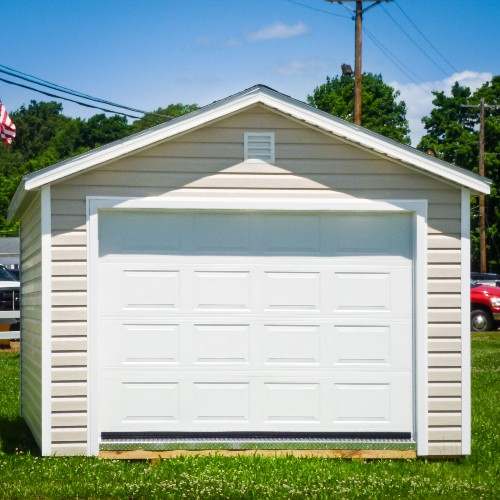 exterior of a-frame single-car garage size for sale