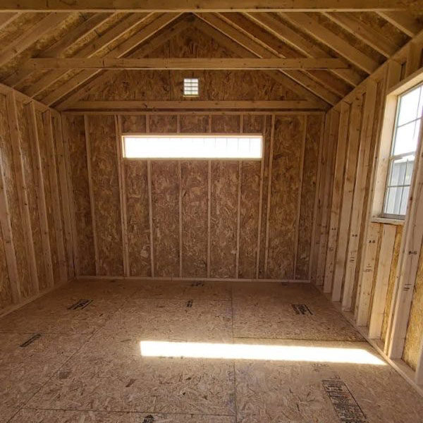 interior of great a-frame 12x16 shed for sale