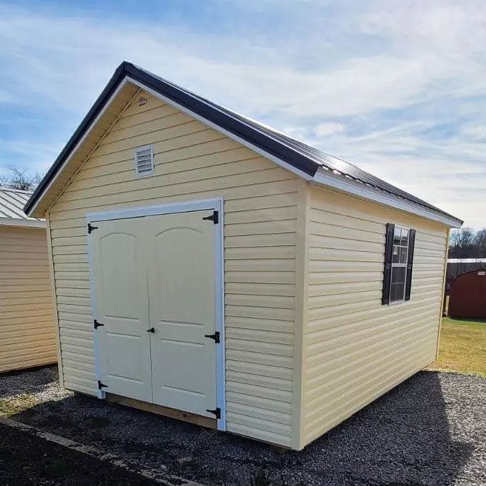 exterior of yellow a-frame 12x16 shed for sale