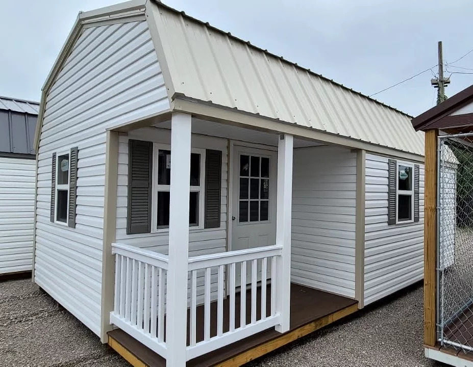 exterior of white 14x20 shed for sale