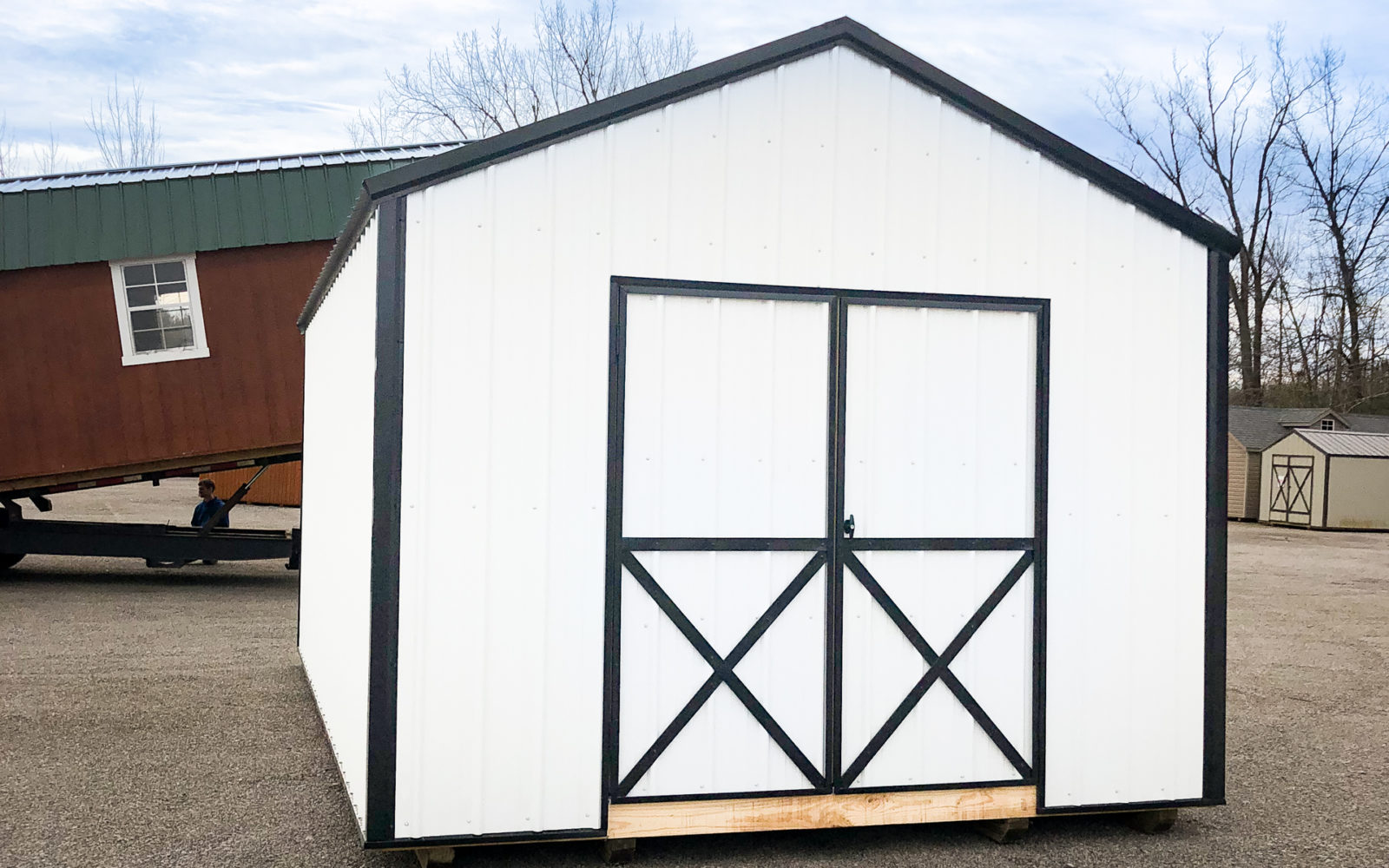 white lawnmower storage shed for sale