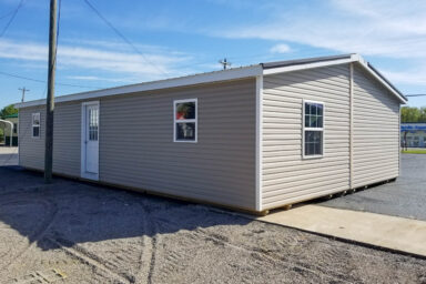 a double-wide tiny home shell built by Esh's Utility Buildings