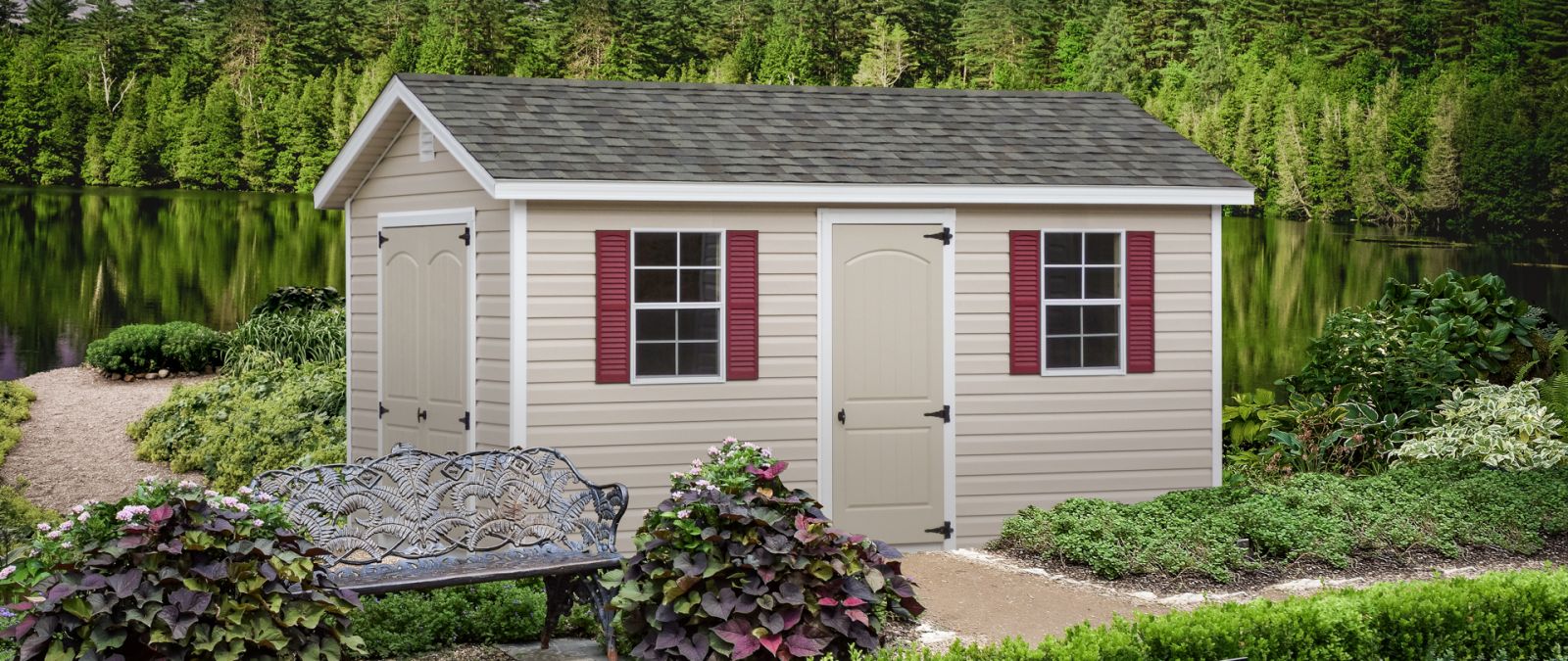 A vinyl shed in Tennessee with double doors and a shingle roof