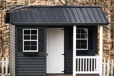A prefab cabin in Kentucky with black vinyl siding and a front porch