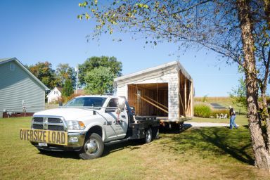Part of a multiple-car modular garage in Kentucky being delivered