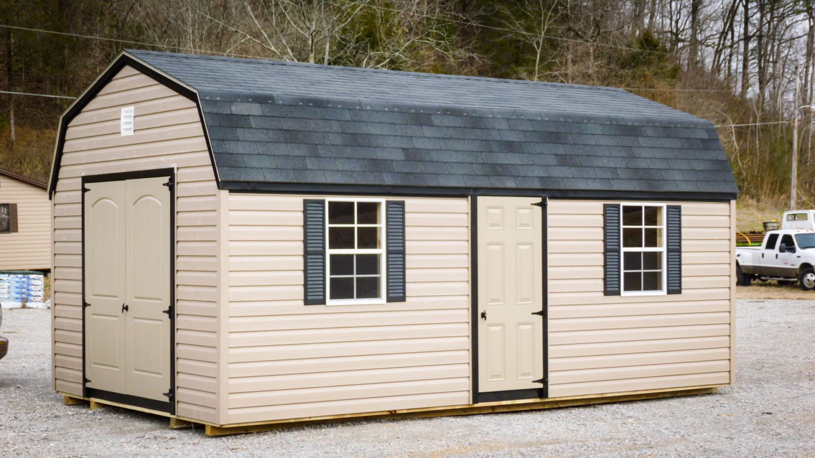 exterior of tan 12x24 in storage building sizes for sale in KY and TN